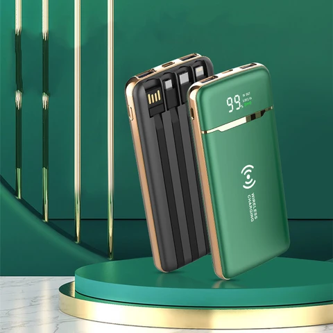 Портативное зарядное устройство Qi, 20000 мАч, беспроводное зарядное устройство, Внешний аккумулятор со встроенным кабелем для iPhone 14 13 12 11 Samsung Huawei Xiaomi, портативное зарядное устройство