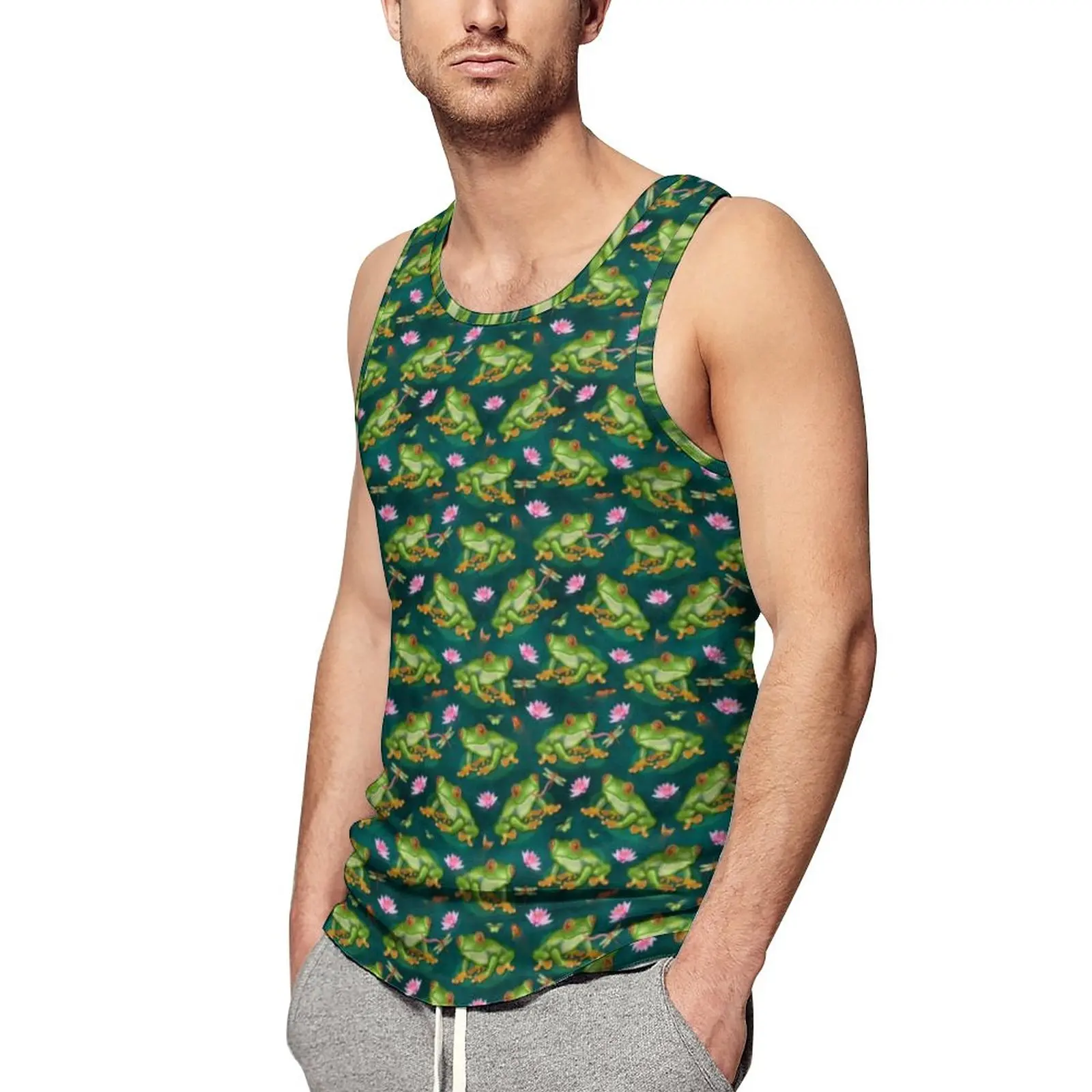 

Frog Tropical Tank Top Lily Pad Dragonfly Fish Pond Animals Fashion Tops Daily Bodybuilding Man's Graphic Sleeveless Shirts