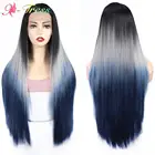 Женский длинный синтетический парик, коричневый, серый, синий, длинный