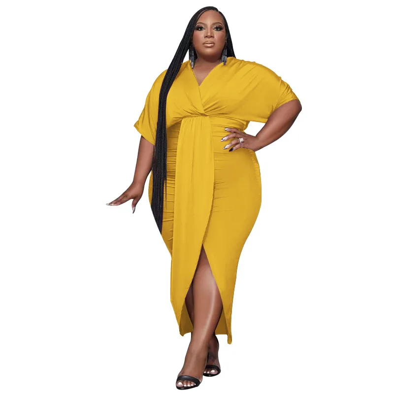 Summer Solid Color V-neck Split Plus Size Dress Fashion Temperament Half-sleeve Irregular Professional Women's Wholesale