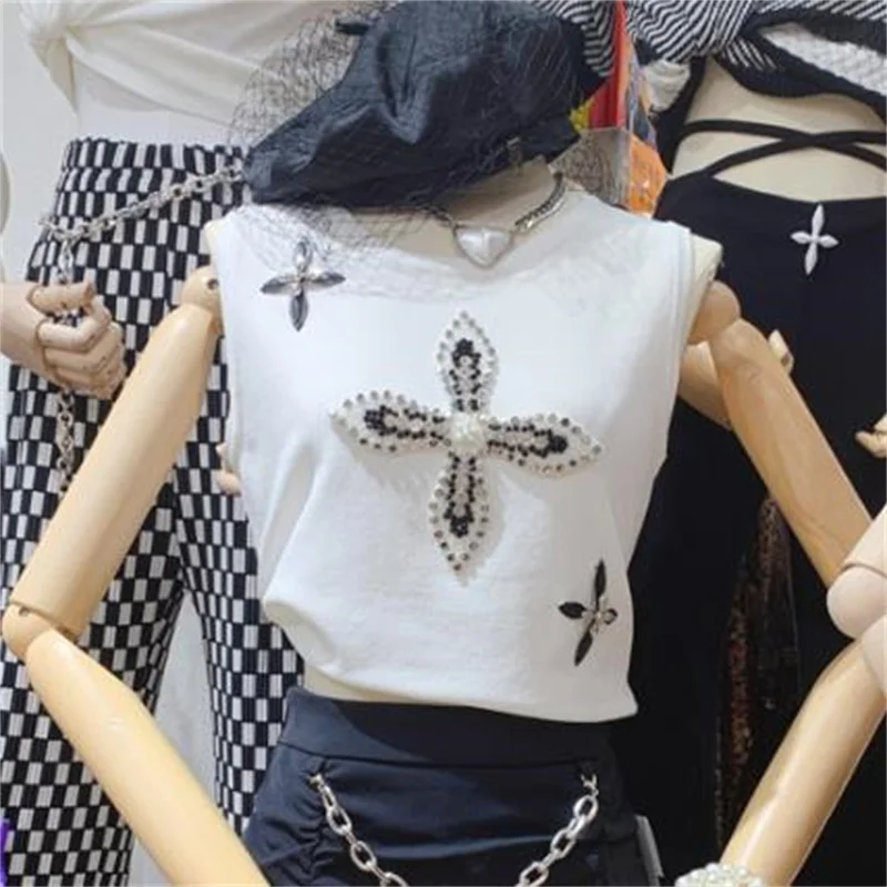 

2022 summer beaded cross flower decoration round neck sleeveless pullover T-shirt women