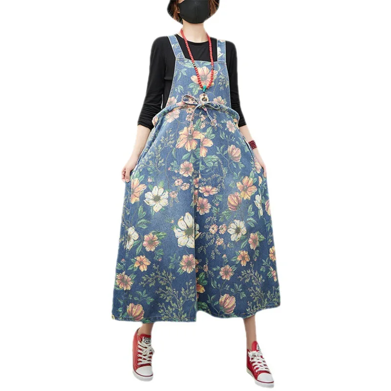 

Denim Print Suspender Dress Women Summer Big Hem Pockets Button Fashion Loose Calf -length Casual Drawstring Jean Sundress