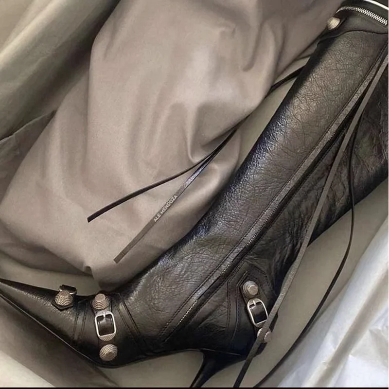 Women Knee High Pointed Toe Boots Fashion Tassels Rivet High Heels Shoes Woman Zip Stiletto Heels Pumps 2022 New Botas Femininas