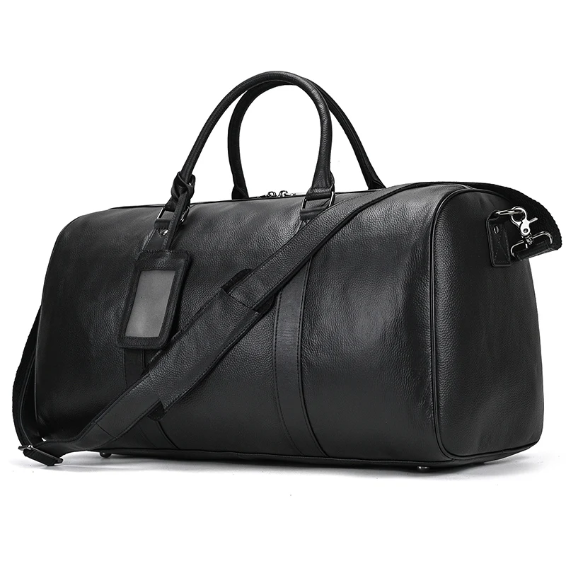 Black Men's Leather Travel Duffle Bag Soft Cow Leather Men's Weekender Bags Real Cowskin Leather Handbags For Travelling Outdoor