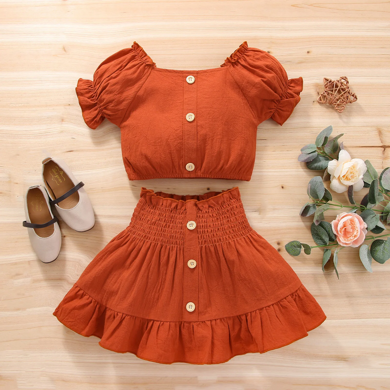 

Baby Girl Clothes Infant Clothing Sets Toddler Solid Puff Sleeves Top + Ruffle A-line Skirt 2pcs Set Children Summer Outfits