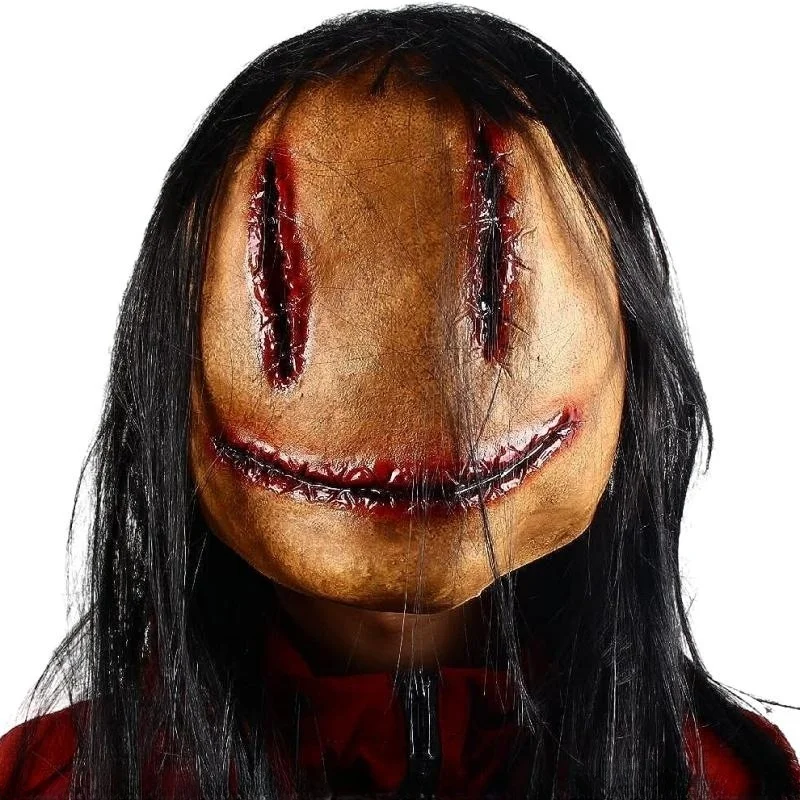 

Halloween Horror Party Mask Evil Bloody Smiley Cosplay Tricky Costume Prop Black Hair Realistic Adult Full Face Latex Headdress