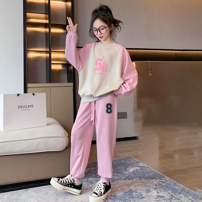 

Autumn Girls Casual Sweatshirt Set New Junior Children Fashion Splicing Printed Letter Tops Sweatpants Spring Trend 3-15Y