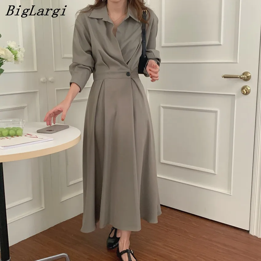 

France Style Vintage Pleated Shirt Dress Women Long Sleeve Women Ladies Dresses Casual Loose Midi Dress