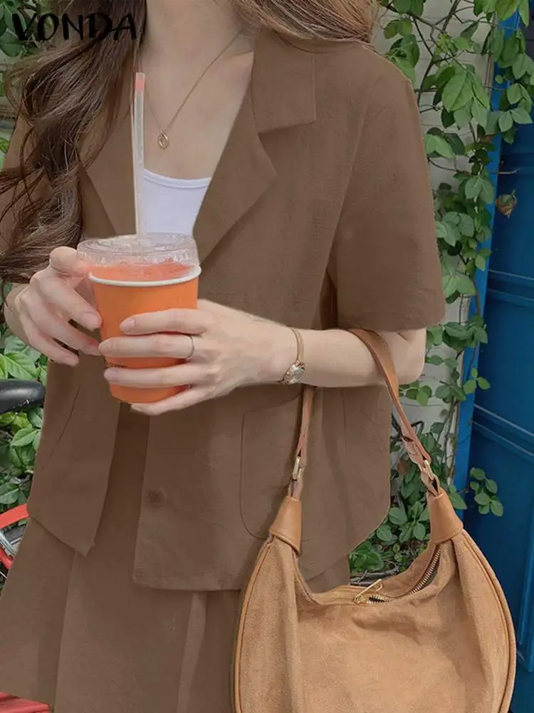 

VONDA 2022 Women Short Sleeve Coat Button Pleated Skirts Set Lady Lapel Pleated Office Jacket And High Waist Mini Skirts Suit