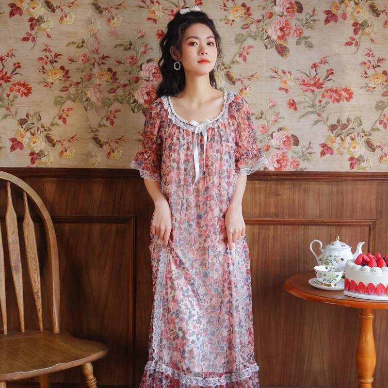 Short Sleeve Nightdress Lady Summer Palace Wind Princess Mesh Lace Small Broken Flower Long Wear Home Clothes Pajamas Spring