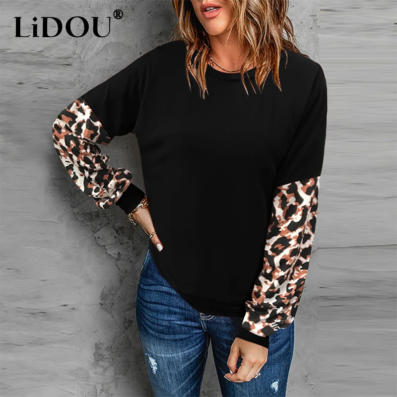 

Autumn Winter Vintage Leopard Patchwork Loose Casual T-shirt Female All-match Pullover Ladies Comfortable Tee Women's Clothing