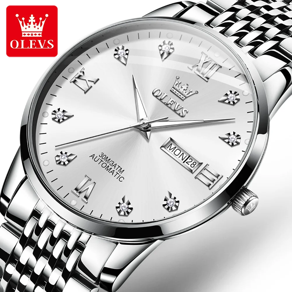 OLEVS 2022 Fashion Luxury Men's Calendar Week Display Stainless Steel Strap Watches Luminous Waterproof Mechanical Watch 6673 enlarge