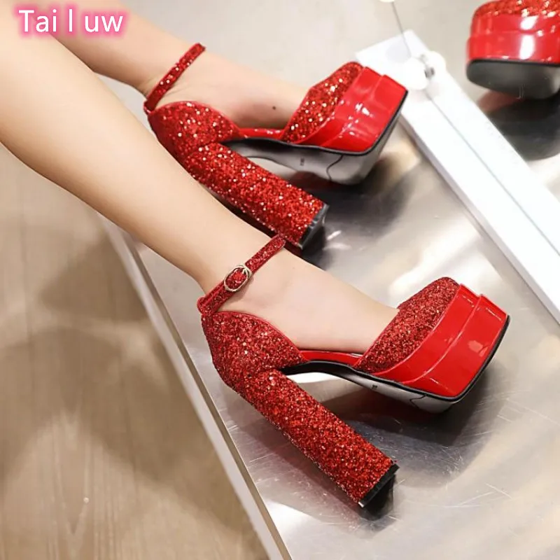 

Новинка, Брендовые женские сандалии, летняя обувь, пикантные туфли на толстом высоком каблуке, искусственные блестки, классические туфли дл...