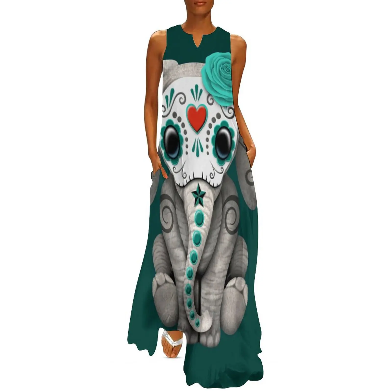 

Sugar Skull Baby Elephant Dress Day of The Dead Elegant Maxi Dress V Neck Print Bohemia Long Dresses Streetwear Oversize Vestido