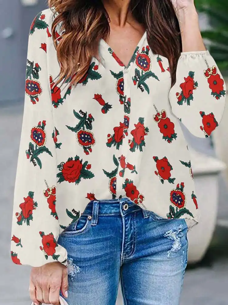 

2022 Women Bohemian Blouse ZANZEA Spring Oversized Printed Blusa Femininas Long Sleeve Shirts Casual Lady Loose V Neck Top Tunic
