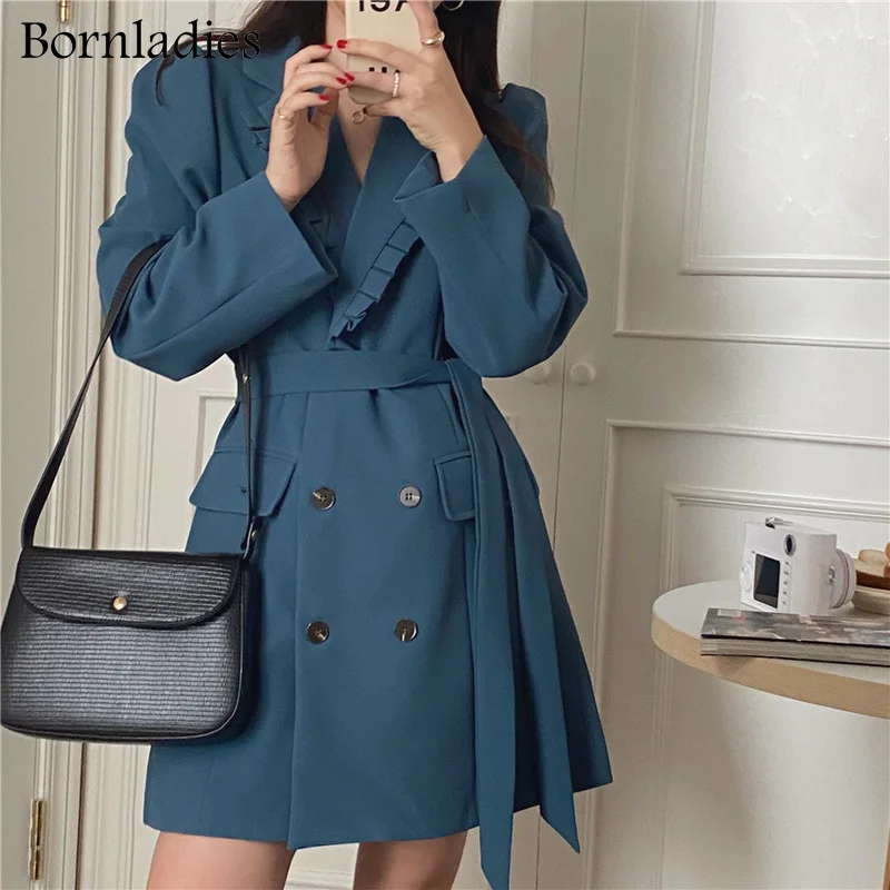 

Bornladies High Street Dress for Women Notched Loose Long Sleeve Lace Up Mini A Line Dresses Female 2022 Spring Clothing New