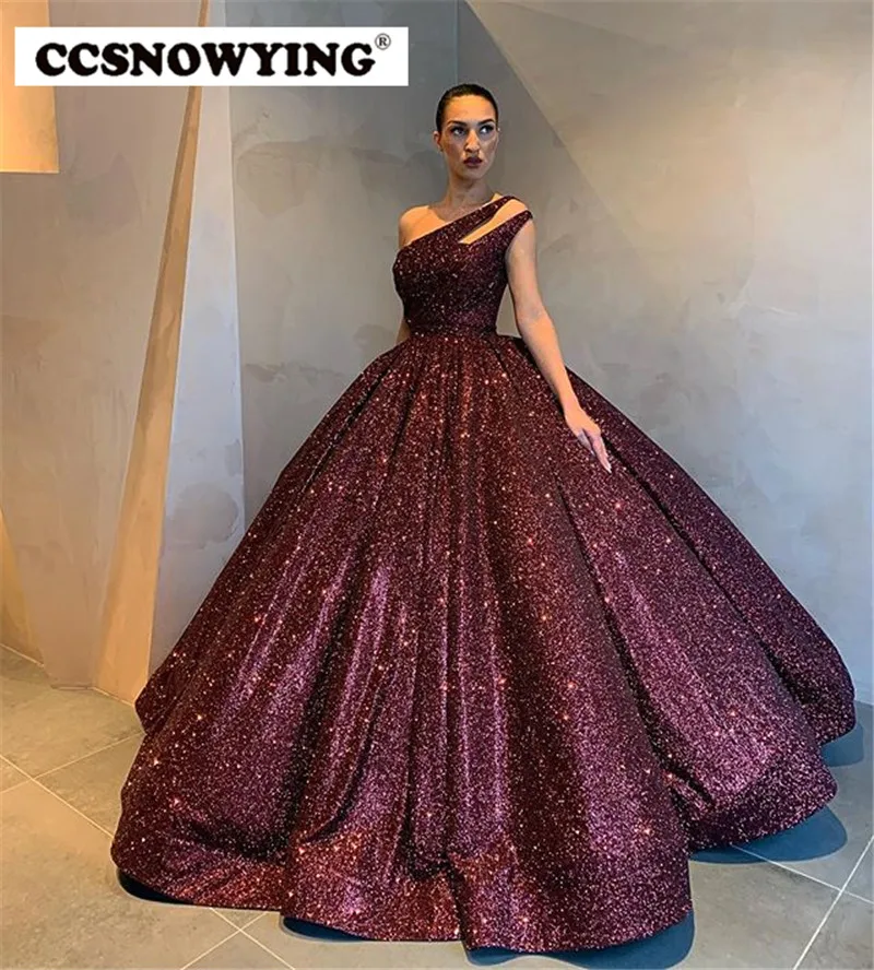 

Ball Gown One Shoulder Prom Dress with Pockets Glitter Sequin Evening Dresses Women Formal Party Dresses Robes De Soirée
