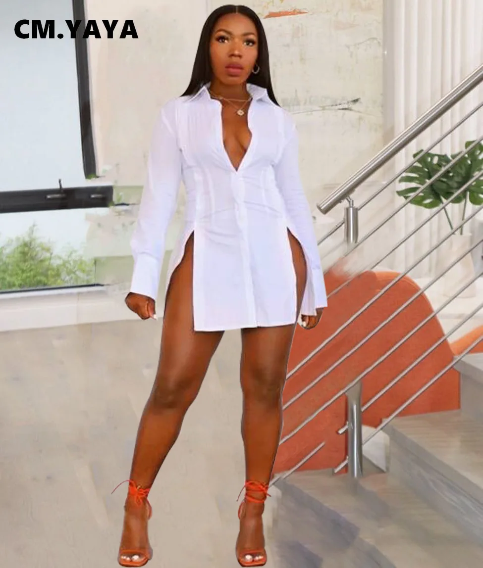 

CM.YAYA Elegant Women High Side Split Long Sleeve Single Breasted Shirt Dress for 2022 Summer Spring Sexy Basic Fashion Dresses