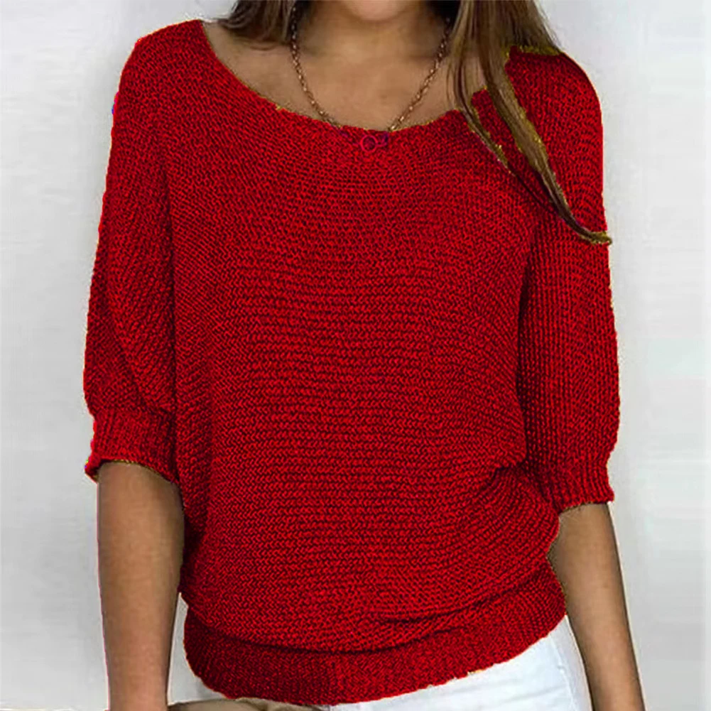

Antumn Daily Pullover Woman Pullover 3/4 Sleeve Plus Size Brand New Ladies Crew Neck Slight Strech Solid Color Sweater