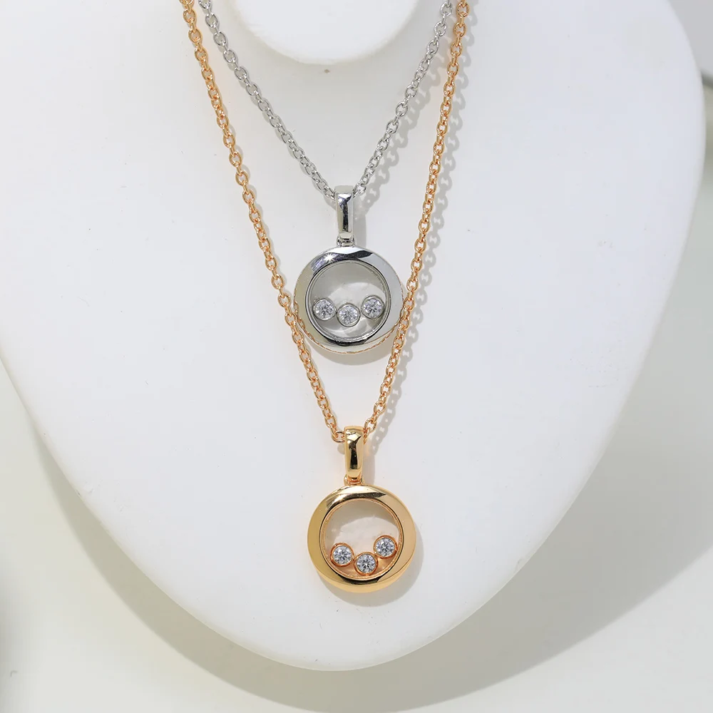 Simple Personality Transparent Glass Necklace Round Champagne White Gold Women's Jewelry S925 Sterling Silver Exquisite Shiny