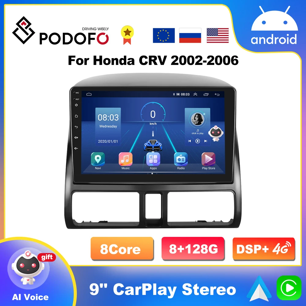 

Podofo 4G беспроводной CarPlay мультимедийный плеер для Honda CRV 2001-2006 Android радио с экраном 2 Din головное устройство стерео GPS