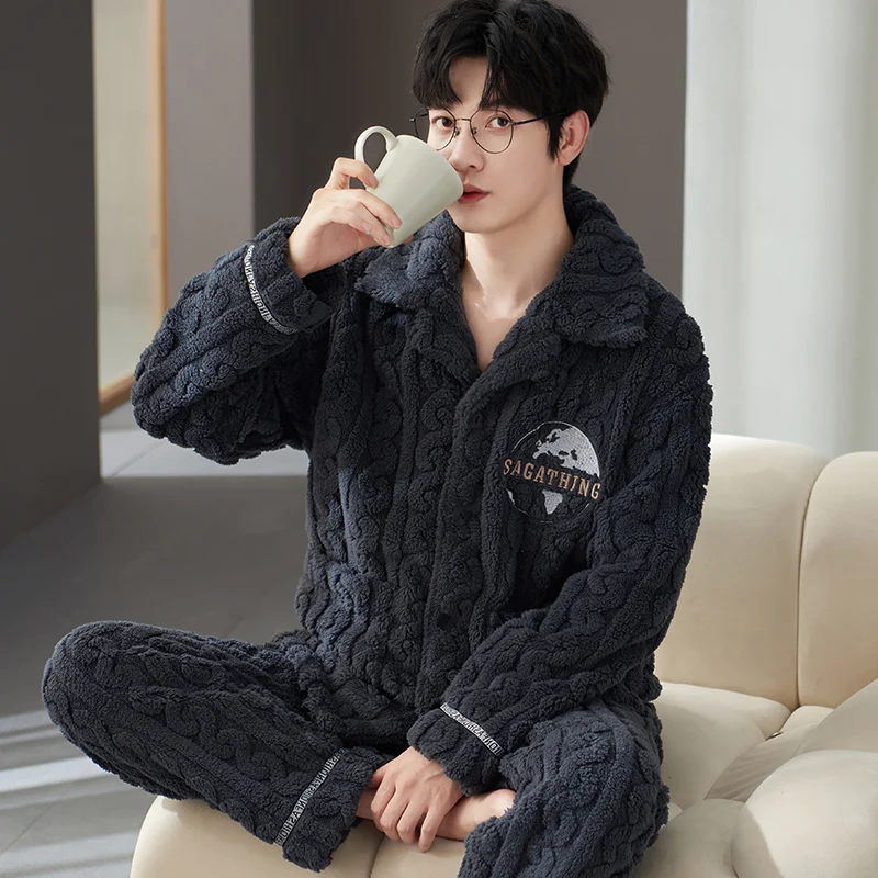 QUHENG Long Sleeve Men Pajamas for Men Pijama Set Comfortable Flannel Mens Pajamas Men Sleepwear Set New Men Sleepwear Sleep Top