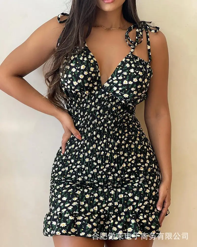 

Sexy Deep V Neck Sleeveless Tight Mini Dress Elegant Black Floral Dresses for Women 2022 Summer Lace-Up Party Dresses