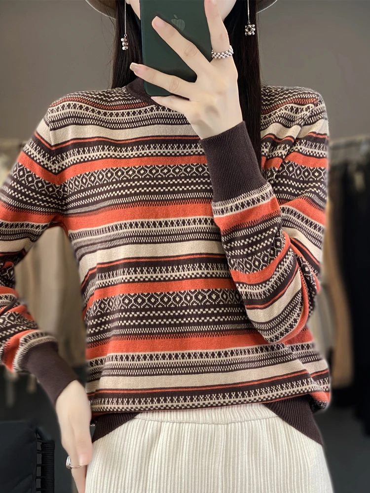 Свитер с высоким воротником в полоску стиле ретро женский вязаный низ из чесаной