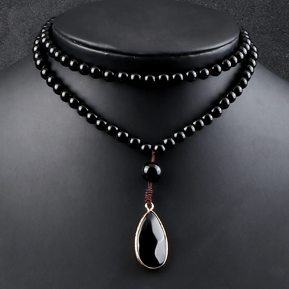 Ожерелье для медитации из черного обсидиана мужчин и женщин длинное ожерелье