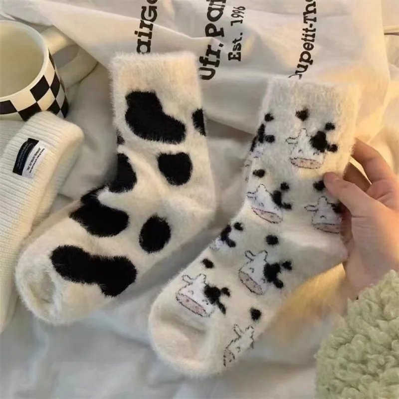 

Winter Plush Thickened Socks Warm Funny Cow Print Cartoon Socks Lovely Harajuku Cute Animal Printed Plush Sock Home Floor Socks