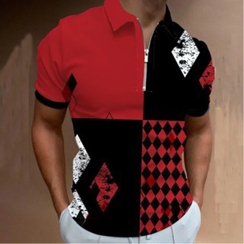 

Новинка пуловер с отложным воротником и коротким рукавом с 3D принтом Повседневная мужская футболка поло на молнии поколение