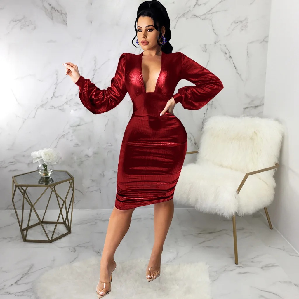 

Evening Dress Luxury 2022 Club Outfits for Women High Quality Dresses Ladies Blue Sexy Long Sleeve Deep V Neck Bodycon Dress