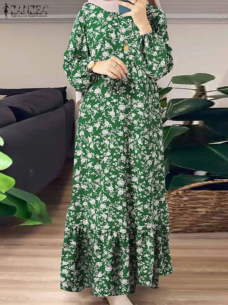

2022 Fashion Printed Muslim Sundress Women Casual Long Sleeve O Neck Dubai Turkey Vestidos ZANZEA Party Islamic Clothing Marocan