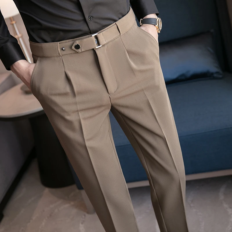 

2022 New Design Men High Waist Trousers Solid England Business Casual Suit Pants Belt Straight Slim Fit Bottoms White Clothing