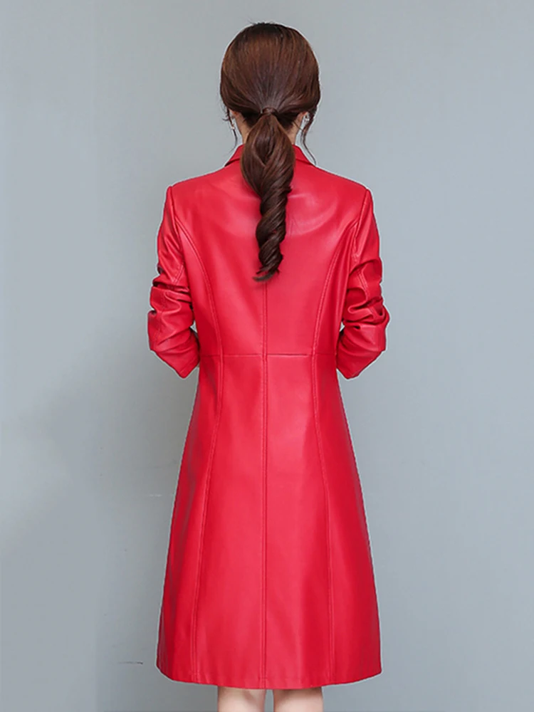 New Women Sheepskin Coat Spring Autumn Elegant Fashion V-Neck Slim Waist Leather Coat Light Green Long Blazer Split Leather