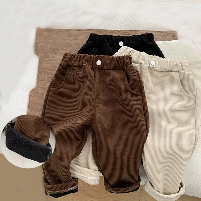 Children's Plush Trousers 2022 New Style Boys' and Girls' All-in-one Velvet Winter Cotton Trousers Children's Corduroy Thickened