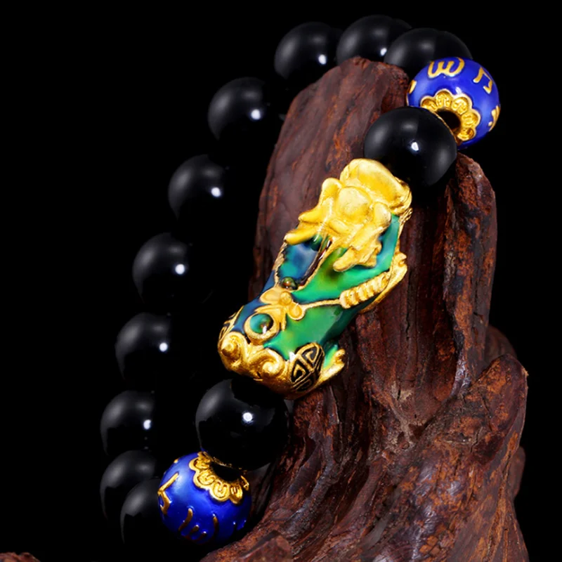 

12mm beads Pure copper Change Color Pixiu Feng Shui Gift Bracelet for man and women Handmade good Lucky Amulet Jewellery