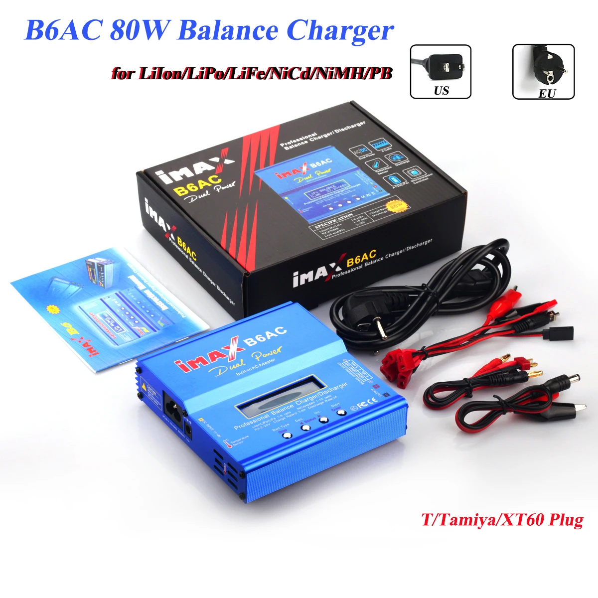

B6AC 80W 6A AC/DC Lipo Balance Charger NiMh Li-ion Ni-Cd Battery Discharger T/Tamiya/XT60 Plug for RC Car Wltoys Axail Redcat