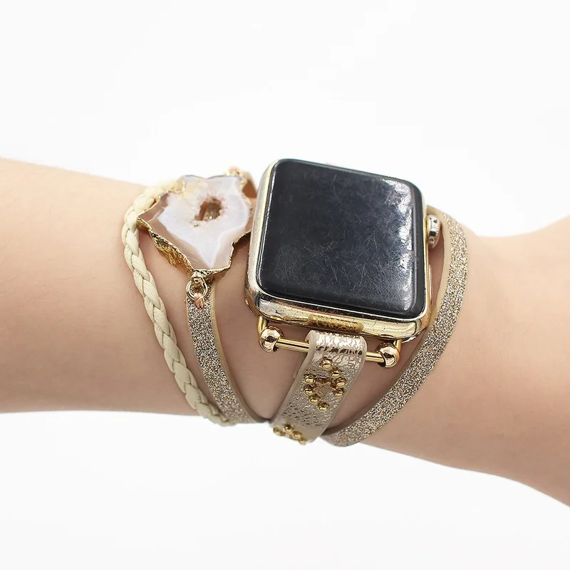 Natural Stone Multilayer Leather Bands for Apple Watch Bands 38mm 42mm, Soft Leather Bands for Iwatch Series 4 5 6 7 SE Bracelet