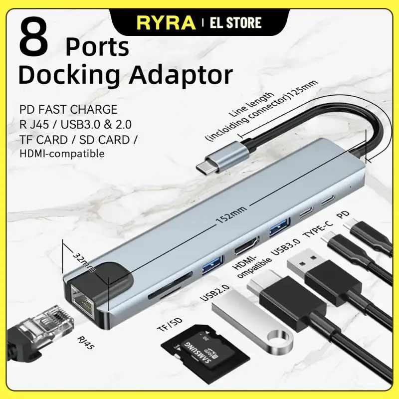 

USB-концентратор RYRA 8-в-1 с Type-C на 4K HDMI, совместимый с USB 2,0 3,0, кардридер для SD/TF карт, PD, док-станция для MacBook