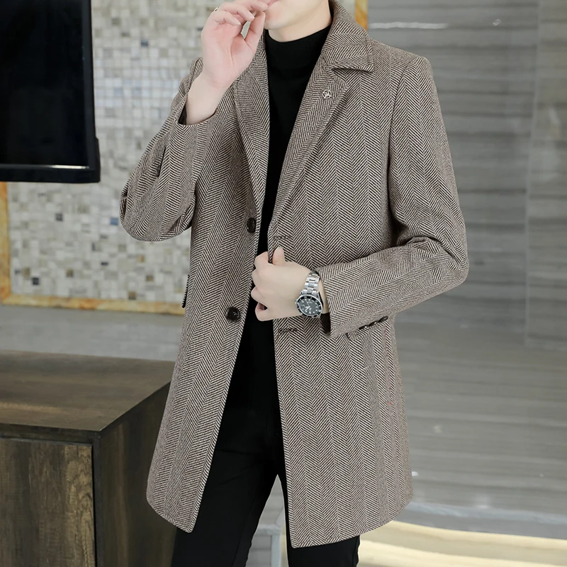 Autumn Winter Men's Woolen Coat Solid Color Long Wool Blends Jacket Windbreaker Casual Business Trench Overcoat Men Clothing