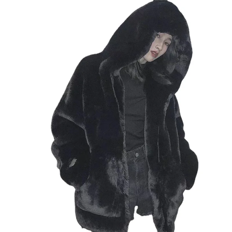 Loose Lamb Fur  Coat Women's Jacket  Autumn/winter Retro White Hooded Plush Furry Velvet Padded Lamb Fleece  Rabbit Fur