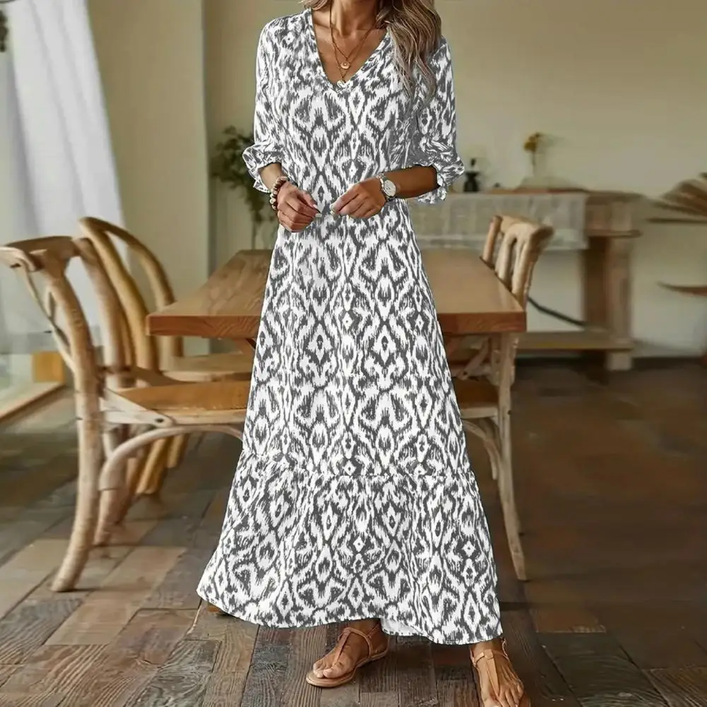 

Women Printed Dress Stylish Women's V-neck Maxi Dress Colorful Print Patchwork Loose Fit Ankle Length for Spring Fall Winter