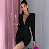 European and American Style Sexy Deep V-neck Long-sleeved Dress Women's Solid Color Shoulder Pad Pleated High Waist Skirt 2023 6