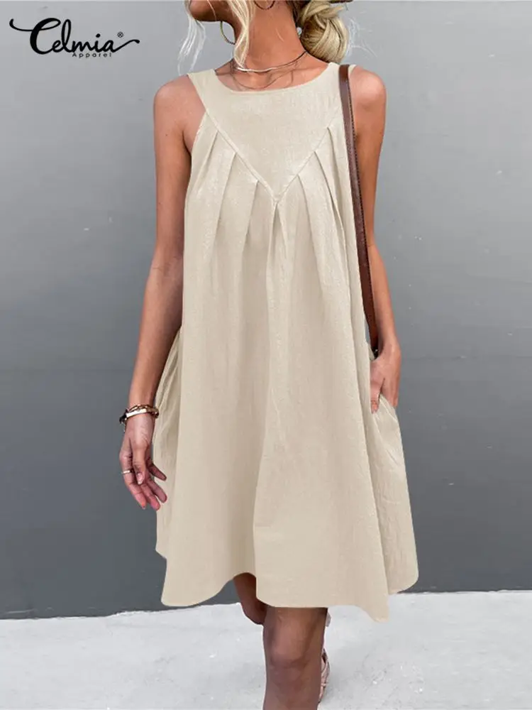 

Celmia 2022 Summer Sleeveless Sexy Short Dress Women Fashion Pressed Pleated O-neck Mini Sundress Breathable Cotton Vintage Robe