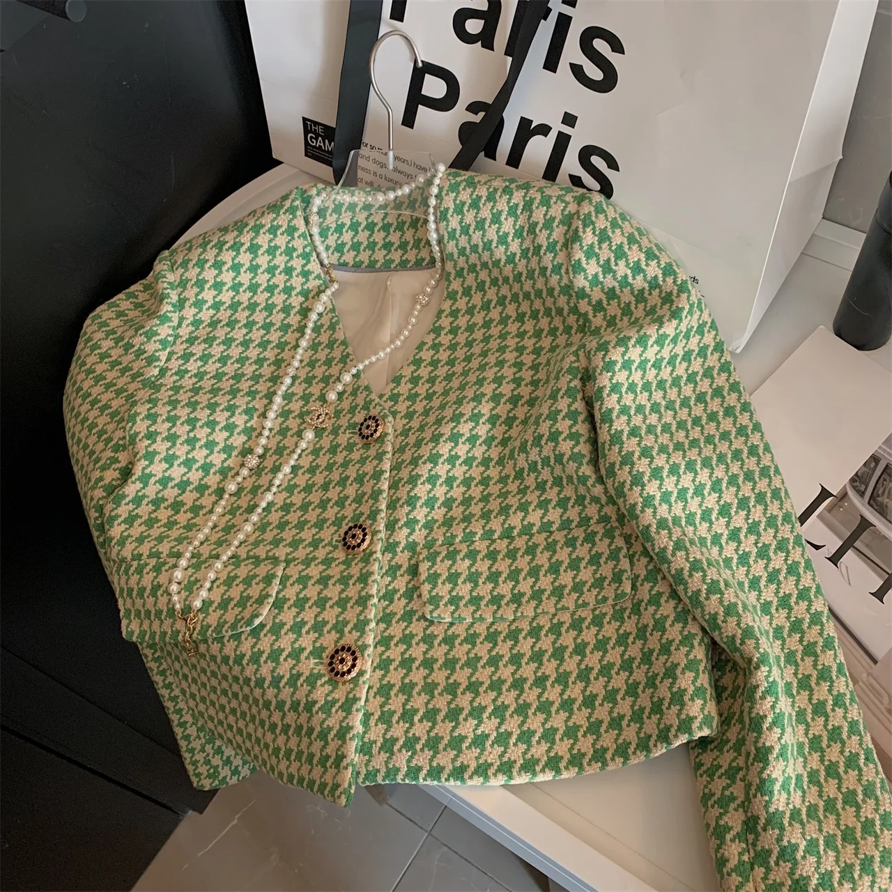 

Fashionable Green Bird Check Weave Small Incense Wind Short Jacket Spring New Celebrity Simple Tide Suit Jackets for Women