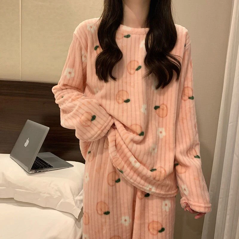 Free-shipping Winter Warm Pajamas Women Flannel Printed Coral Fleece Long Sleeve Thicken Sleepwear Pants Loungewear Home Wear