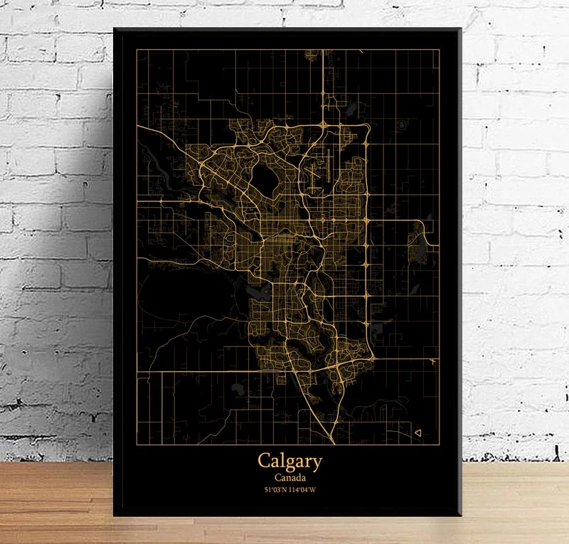 

Calgary,Edmonton,Hamilton,Mississauga,Montreal,Canada Modern City Gold Map Poster And Print Canvas Art Wall Home Decor
