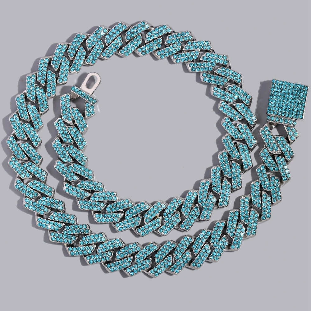 Hip Hop New Bling Blue Crystal Cuban Link Chain Necklace for Women 14mm Iced Out Rhinestone Cuban Choker Necklace Rapper Jewelry