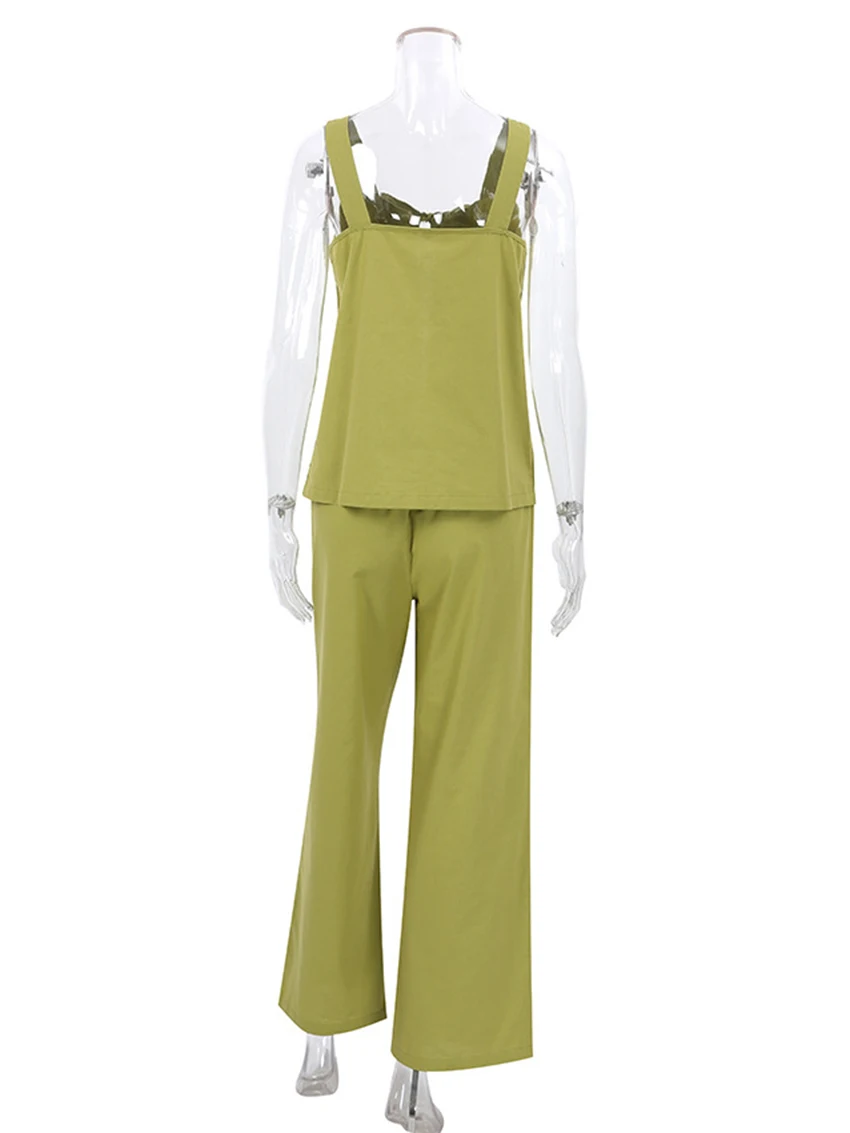 Marthaqiqi Green Women'S Pajamas Sets Tank Tops Lace Up Sleepwear Sleeveless Nightwear With Wide Leg Pants Femme Home Clothes